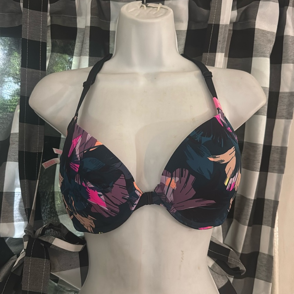 PINK Victoria's Secret Black Floral Push-Up Bra with Pink & Navy Accents 36C NEW